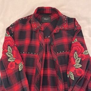 Plaid Rails Studded Button Up Long Sleeve Top